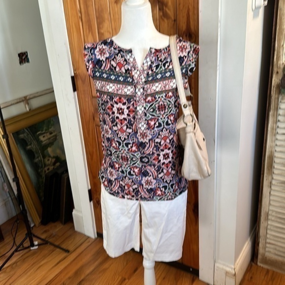 Ann Taylor Loft multicolor graphic print floral ruffle sleeve  shirt size XS